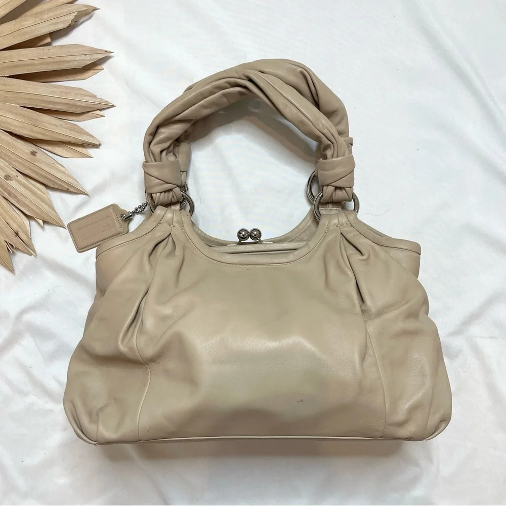 Vintage Coach Parker Cream Tan Beige Leather Kisslock Chunky Straps Hobo Purse - Picture 6 of 13